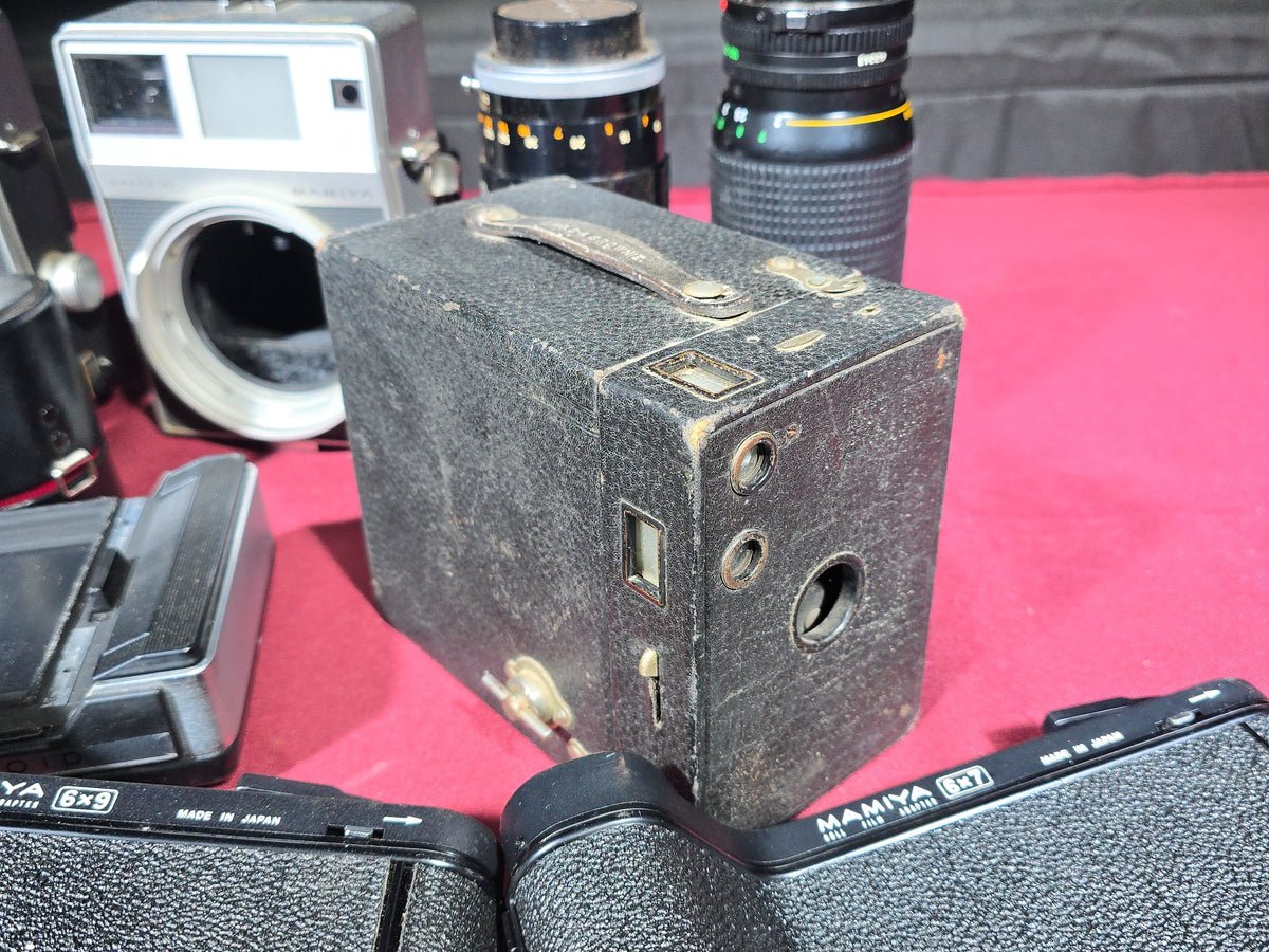 Grouping of Vintage and Antique Cameras, Lenses, and Accessories including Mamiya Universal, Mamiya Super 23, and Keystone Capri