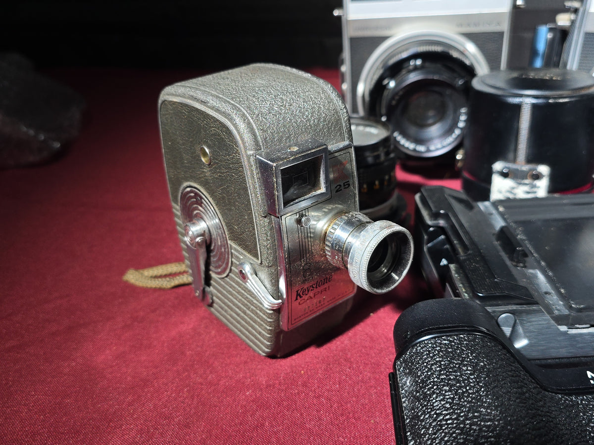 Grouping of Vintage and Antique Cameras, Lenses, and Accessories including Mamiya Universal, Mamiya Super 23, and Keystone Capri