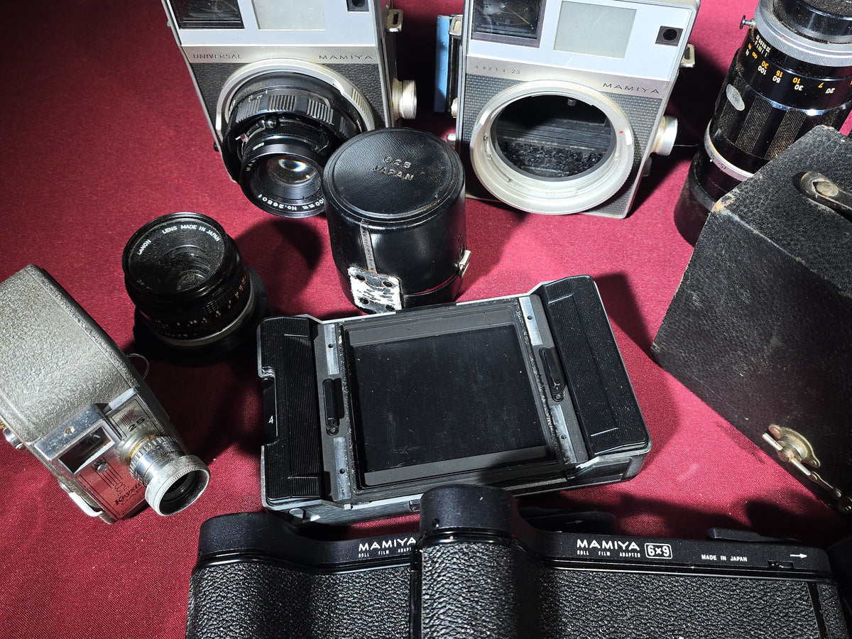Grouping of Vintage and Antique Cameras, Lenses, and Accessories including Mamiya Universal, Mamiya Super 23, and Keystone Capri
