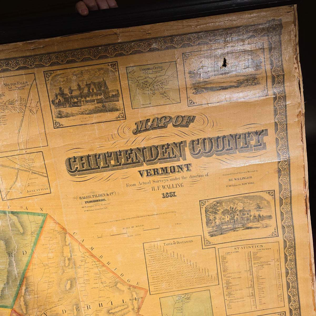 Antique 1857 Wall Map of Chittenden County, Vermont by H.F. Walling, Published by Baker, Tilden & Co.