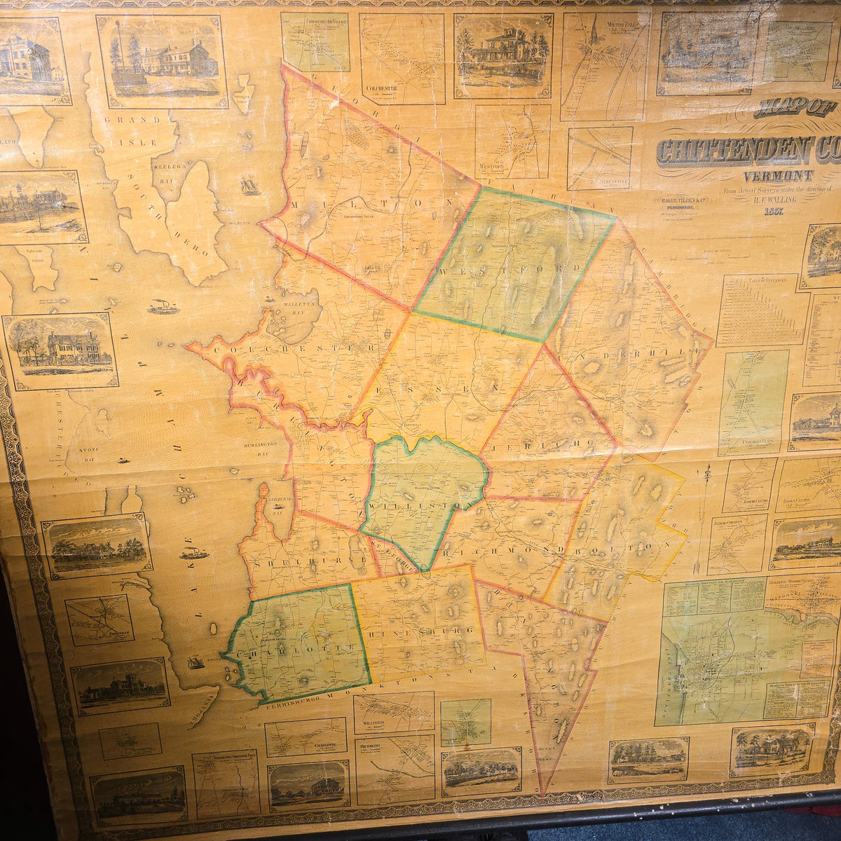 Antique 1857 Wall Map of Chittenden County, Vermont by H.F. Walling, Published by Baker, Tilden & Co.