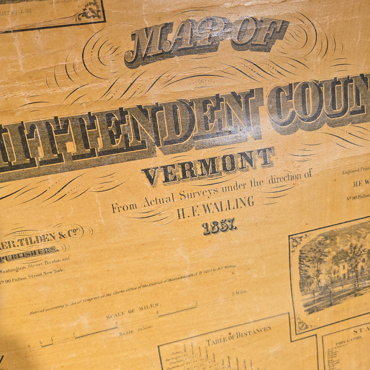 Antique 1857 Wall Map of Chittenden County, Vermont by H.F. Walling, Published by Baker, Tilden & Co.