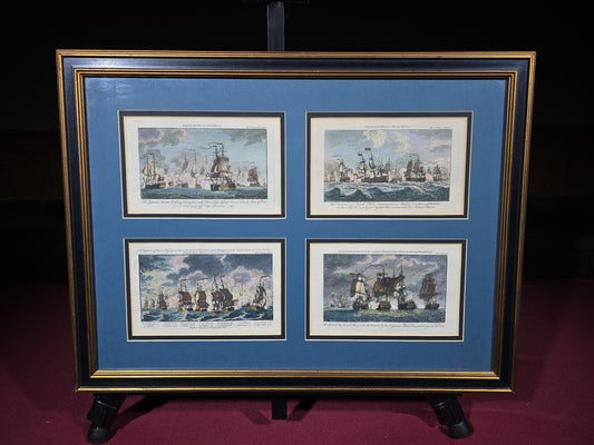Grouping of Four Antique Hand-Colored Engraving Prints of British Naval Battles from Hervey's Naval History in Single Frame
