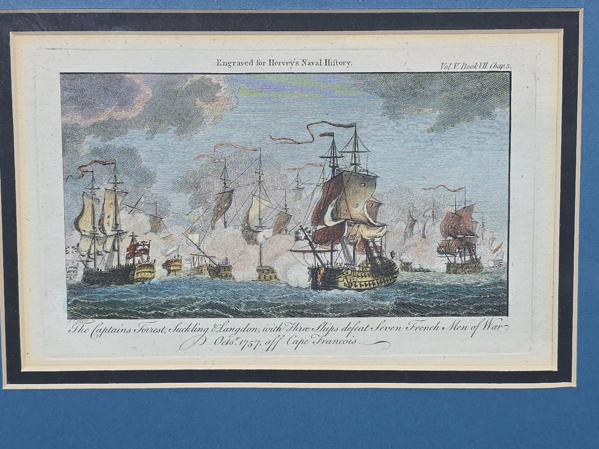 Grouping of Four Antique Hand-Colored Engraving Prints of British Naval Battles from Hervey's Naval History in Single Frame