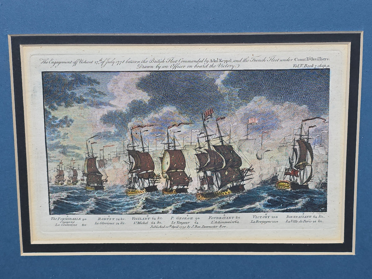 Grouping of Four Antique Hand-Colored Engraving Prints of British Naval Battles from Hervey's Naval History in Single Frame