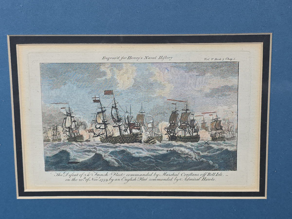 Grouping of Four Antique Hand-Colored Engraving Prints of British Naval Battles from Hervey's Naval History in Single Frame
