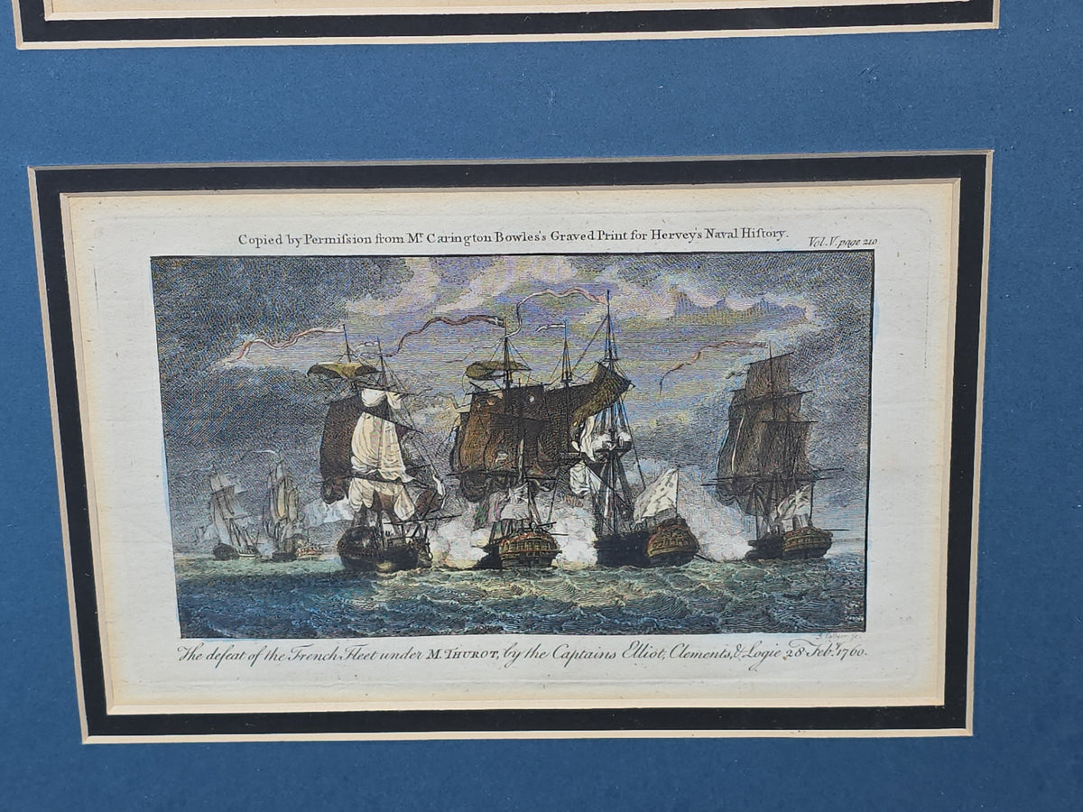 Grouping of Four Antique Hand-Colored Engraving Prints of British Naval Battles from Hervey's Naval History in Single Frame