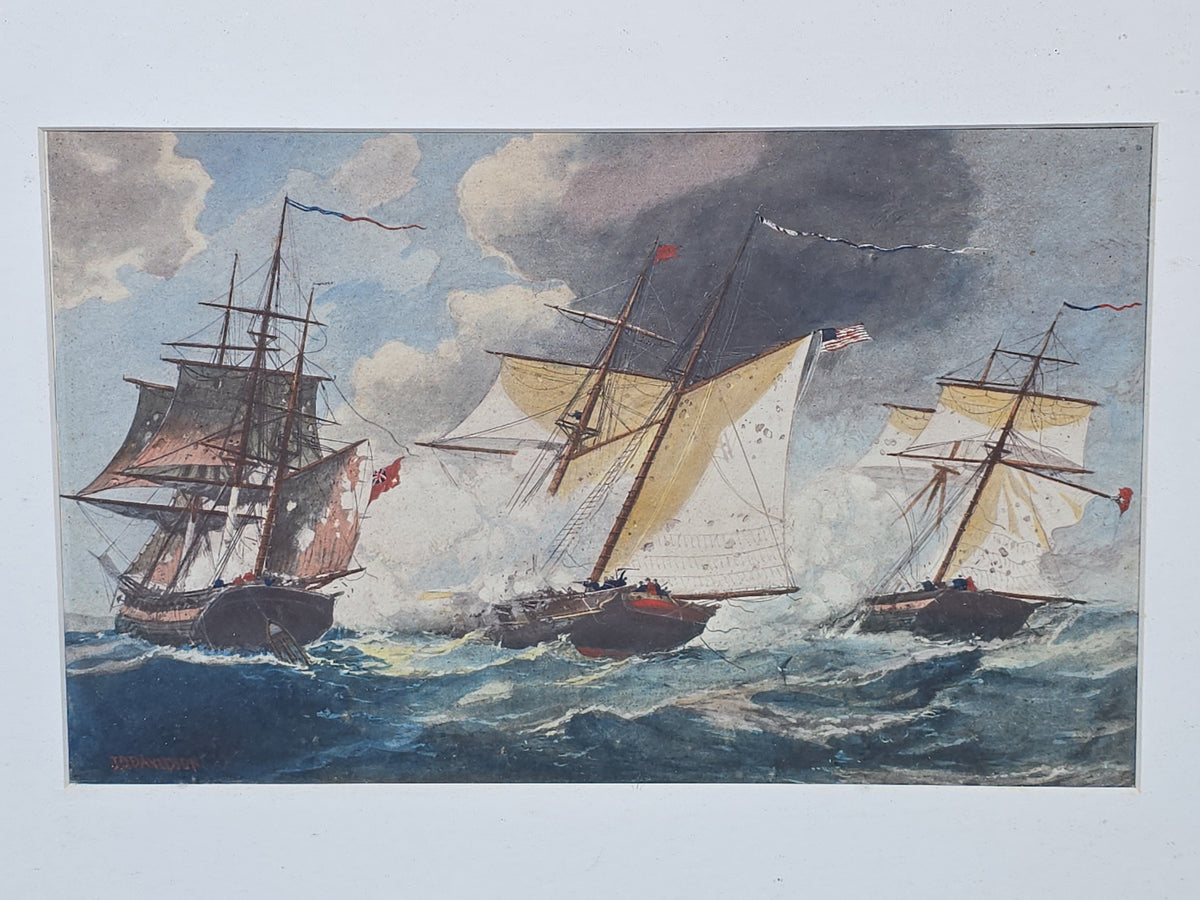 Antique Framed Print, "Privateer Schooner, 1813" from "The Army and Navy of the United States," Copyrighted 1891 by G. B.