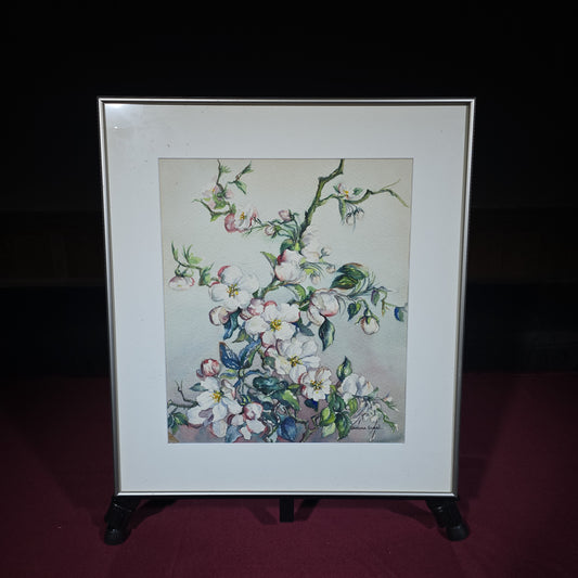 Vintage Watercolor Painting on Paper, Flowering Branch, Signed Sandra Surre