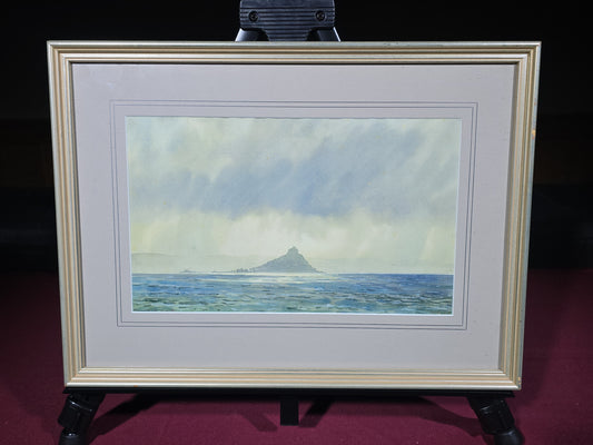 Vintage Framed Watercolor Painting on Paper, St. Michael's Mount Seascape, Signed and Dated June 1955