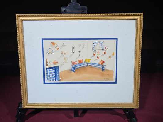 Vintage Watercolor Painting on Paper, Kitchen Interior Scene, Signed H. Inden