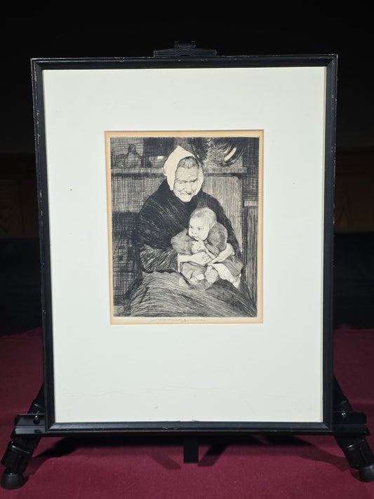 Antique Framed Etching of an Elderly Woman Holding a Child, Pencil Signed