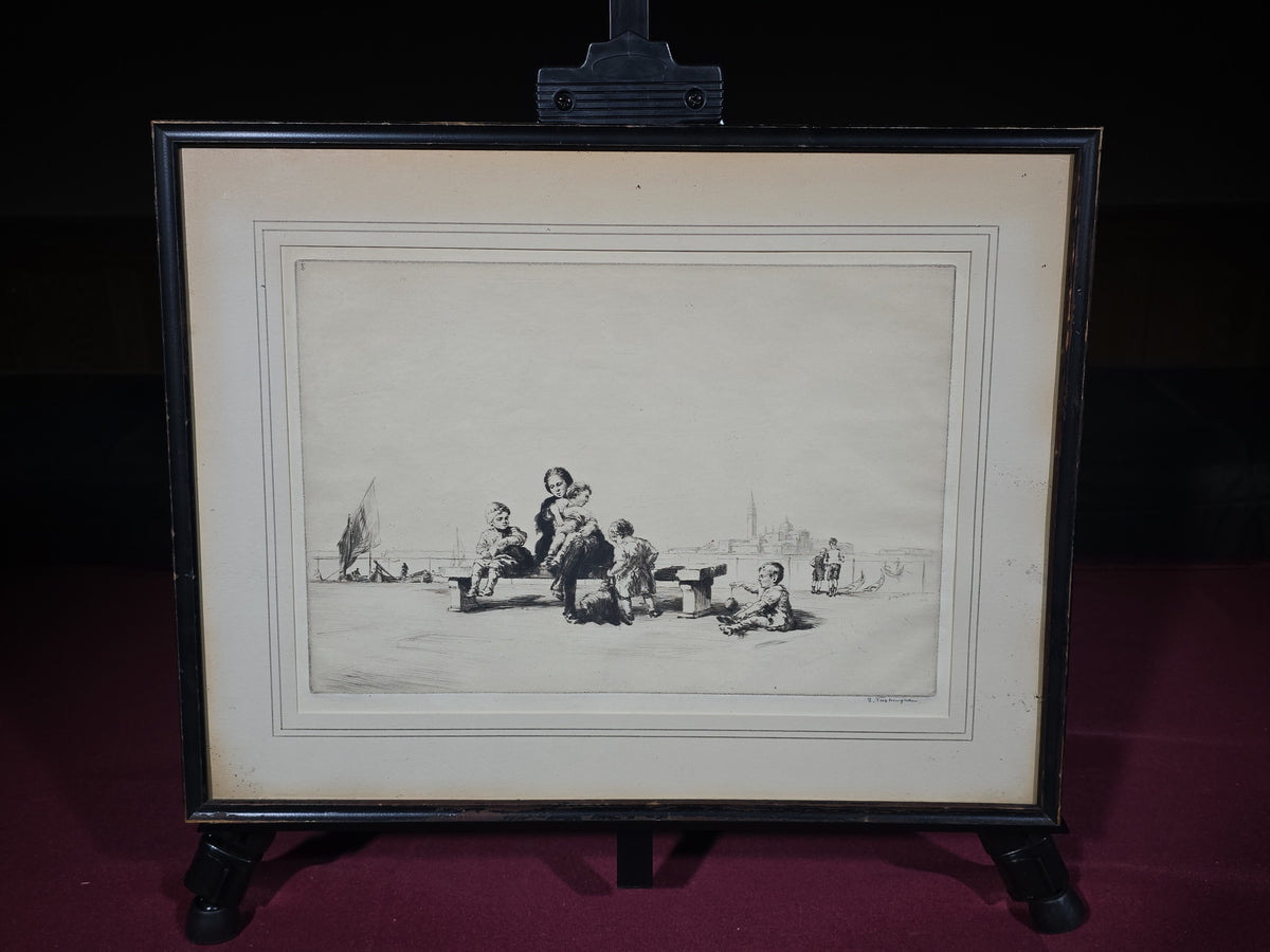 Antique Framed Etching of a Woman and Children on a Waterfront, Signed S. Tushingham, The Rosenbach Galleries Label