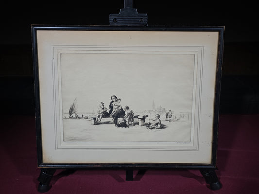Antique Framed Etching of a Woman and Children on a Waterfront, Signed S. Tushingham, The Rosenbach Galleries Label