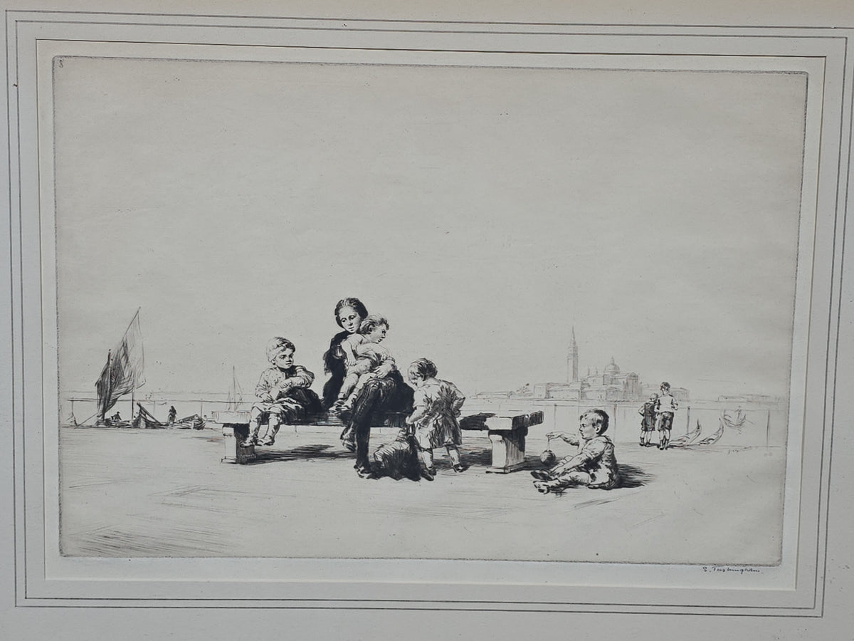 Antique Framed Etching of a Woman and Children on a Waterfront, Signed S. Tushingham, The Rosenbach Galleries Label