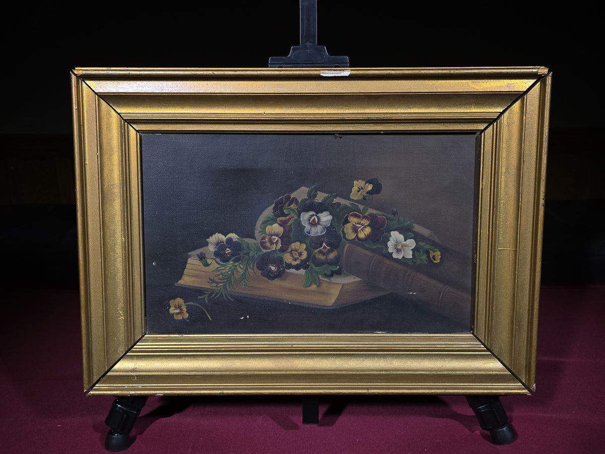 Antique Oil Painting on Canvas, Still Life of Pansies on Shakespeare's Dramatic Works, in Gilt Frame
