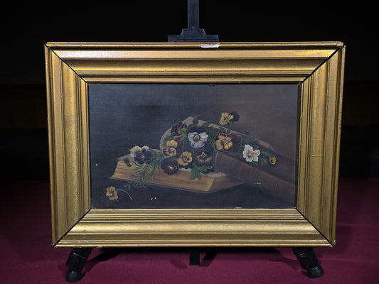 Antique Oil Painting on Canvas, Still Life of Pansies on Shakespeare's Dramatic Works, in Gilt Frame