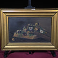 Lot 001 - Antique Oil Painting on Canvas, Still Life of Pansies on Shakespeare's Dramatic Works, in Gilt Frame, 20-3/4" W x 14-3/4" H