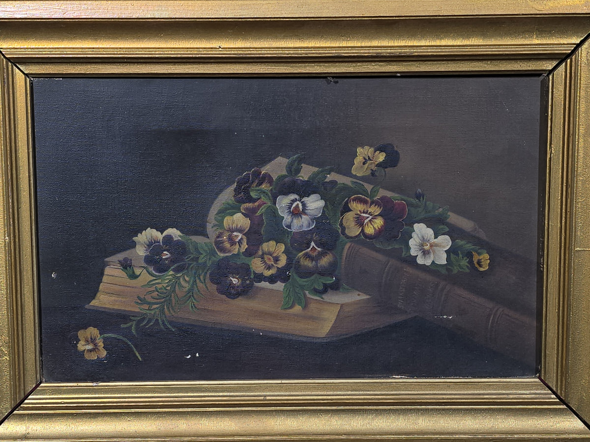 Antique Oil Painting on Canvas, Still Life of Pansies on Shakespeare's Dramatic Works, in Gilt Frame
