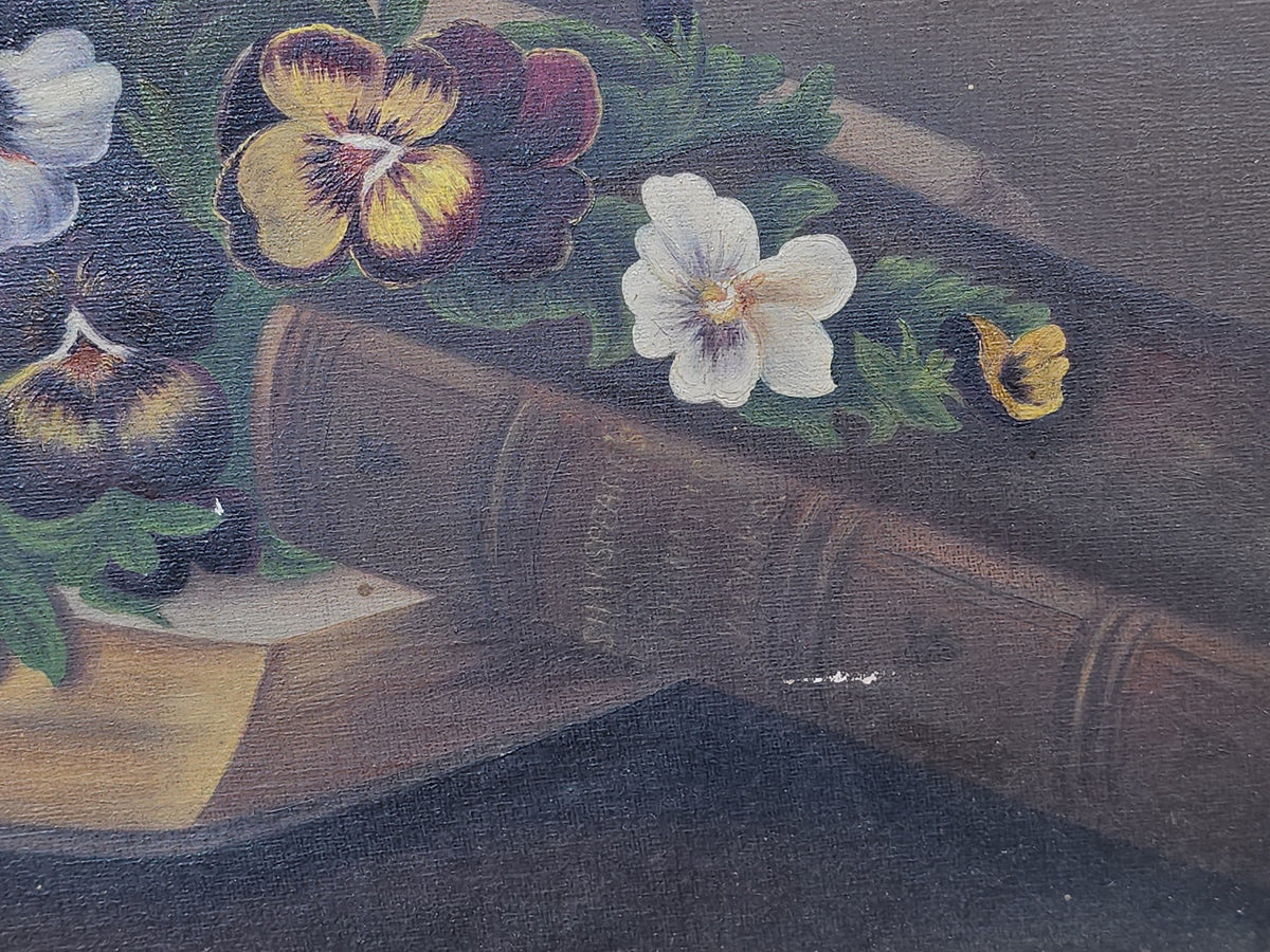 Antique Oil Painting on Canvas, Still Life of Pansies on Shakespeare's Dramatic Works, in Gilt Frame