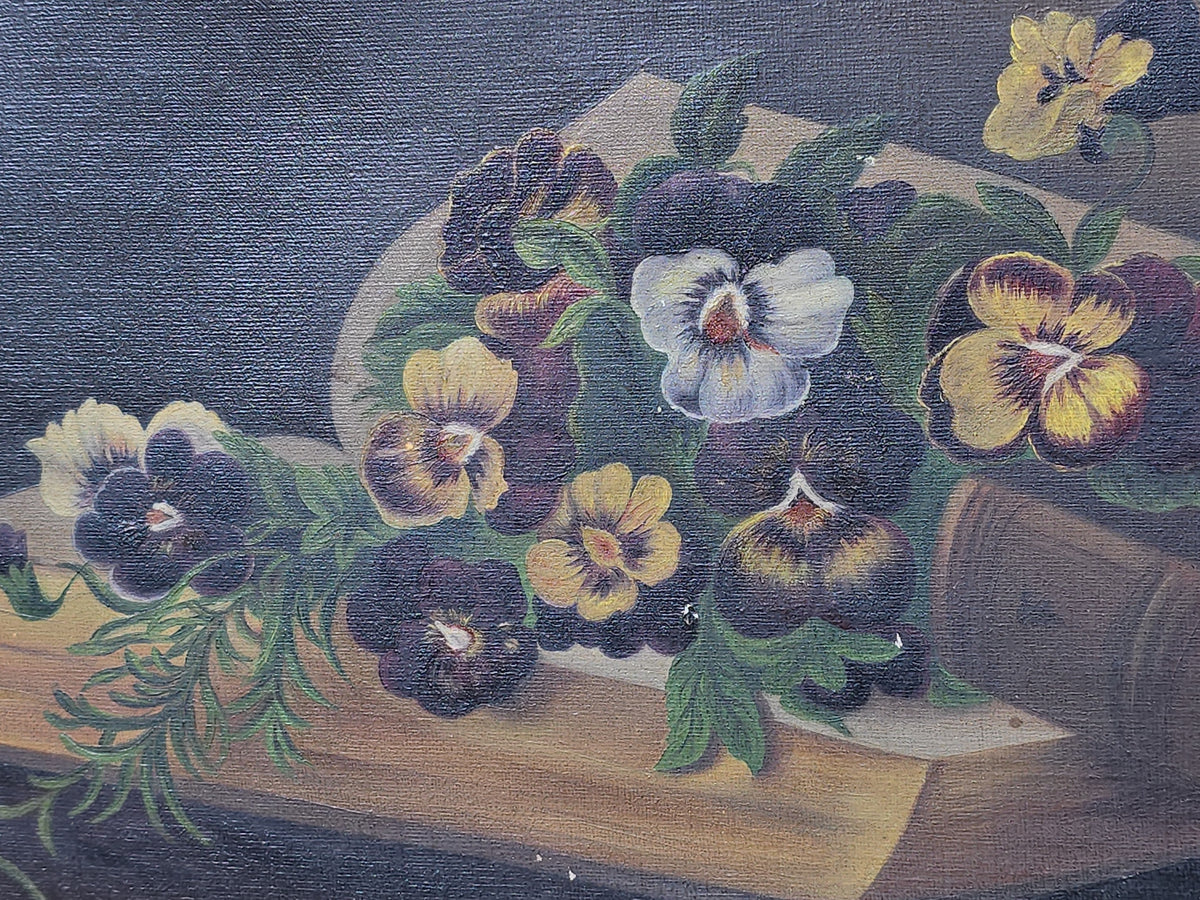 Antique Oil Painting on Canvas, Still Life of Pansies on Shakespeare's Dramatic Works, in Gilt Frame