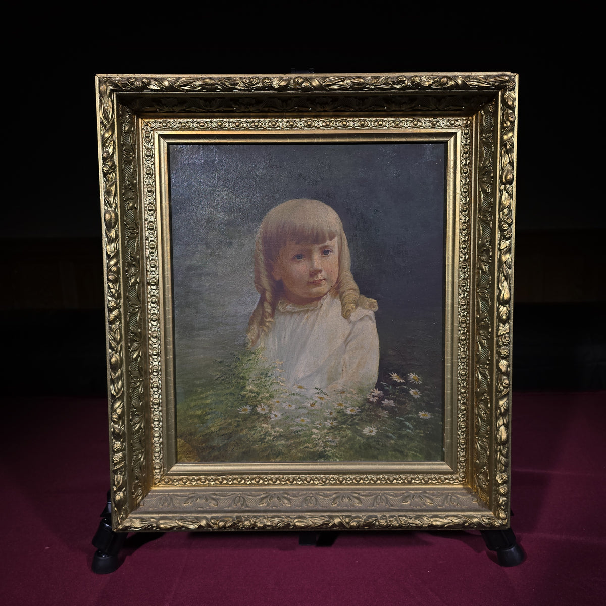 Antique Oil Painting on Canvas, Portrait of a Young Girl with Daisies, in Gilt Frame