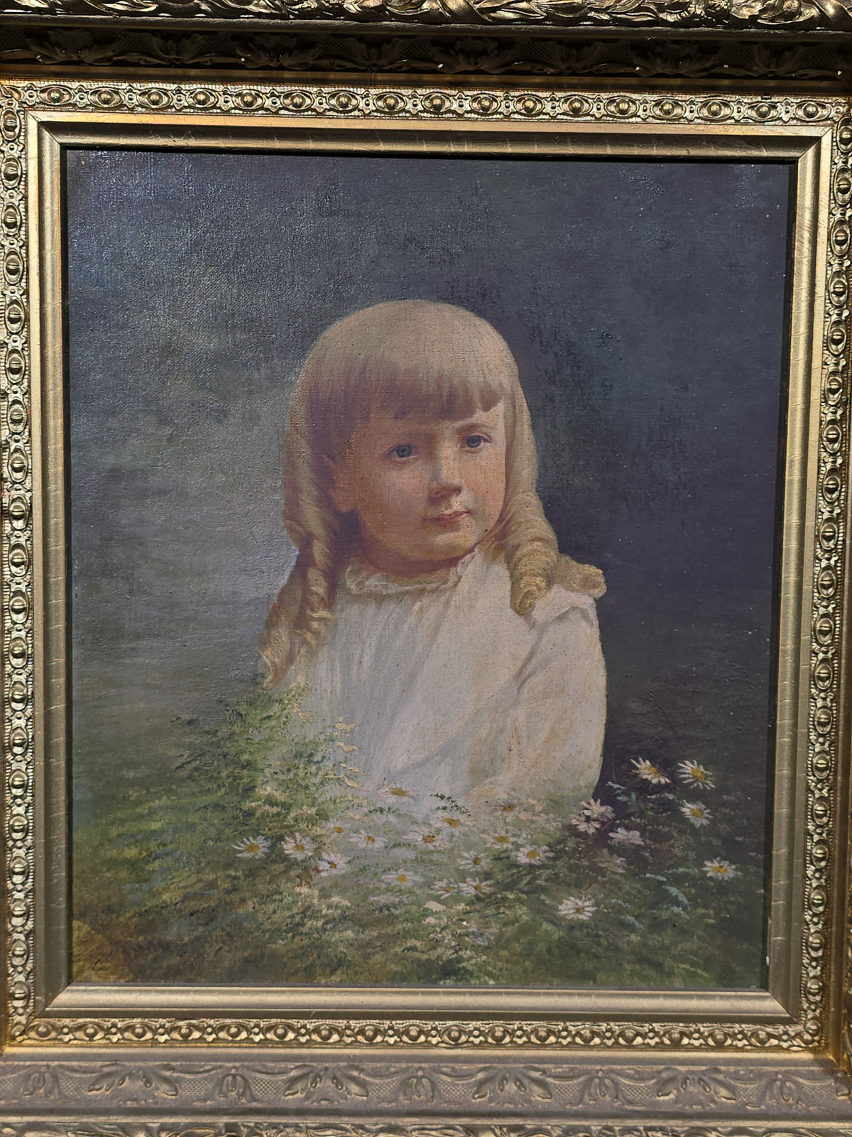 Antique Oil Painting on Canvas, Portrait of a Young Girl with Daisies, in Gilt Frame