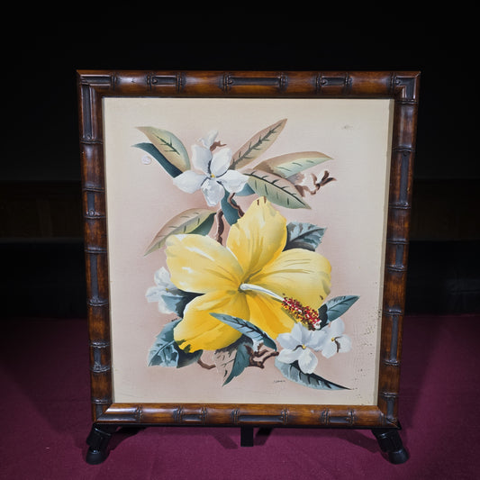 Vintage Airbrush Watercolor Painting on Board, Tropical Hibiscus Still Life, Signed Starr, in Faux Bamboo Frame