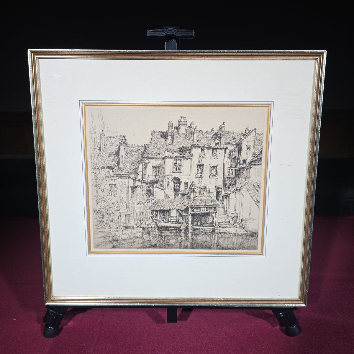 Vintage Framed Etching of Waterside Buildings in Chartres, Dated 1929