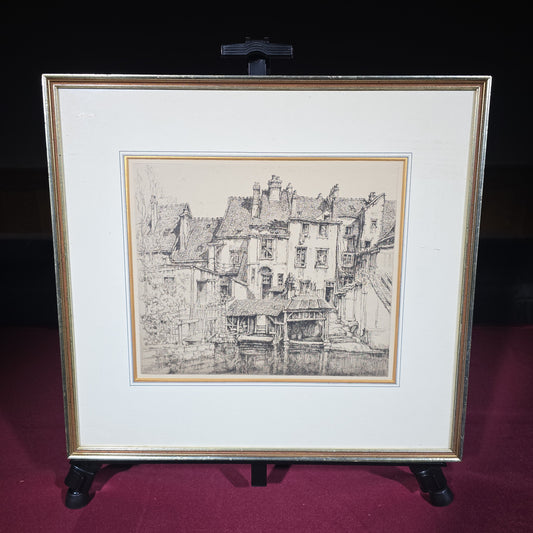 Vintage Framed Etching of Waterside Buildings in Chartres, Dated 1929