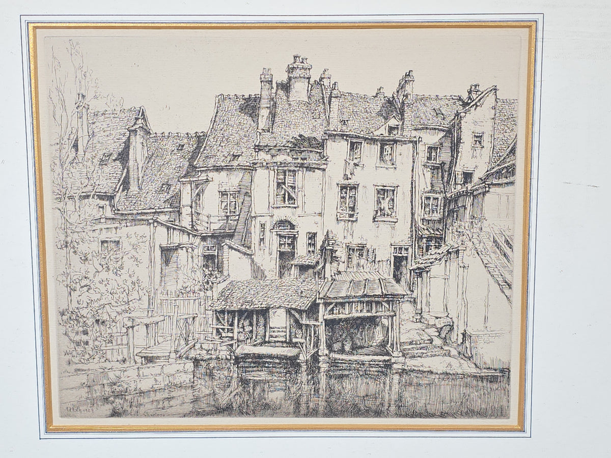 Vintage Framed Etching of Waterside Buildings in Chartres, Dated 1929