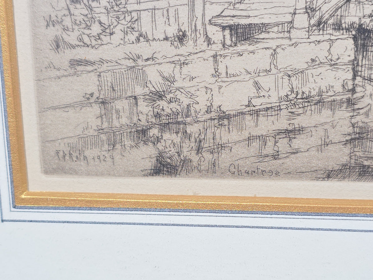Vintage Framed Etching of Waterside Buildings in Chartres, Dated 1929
