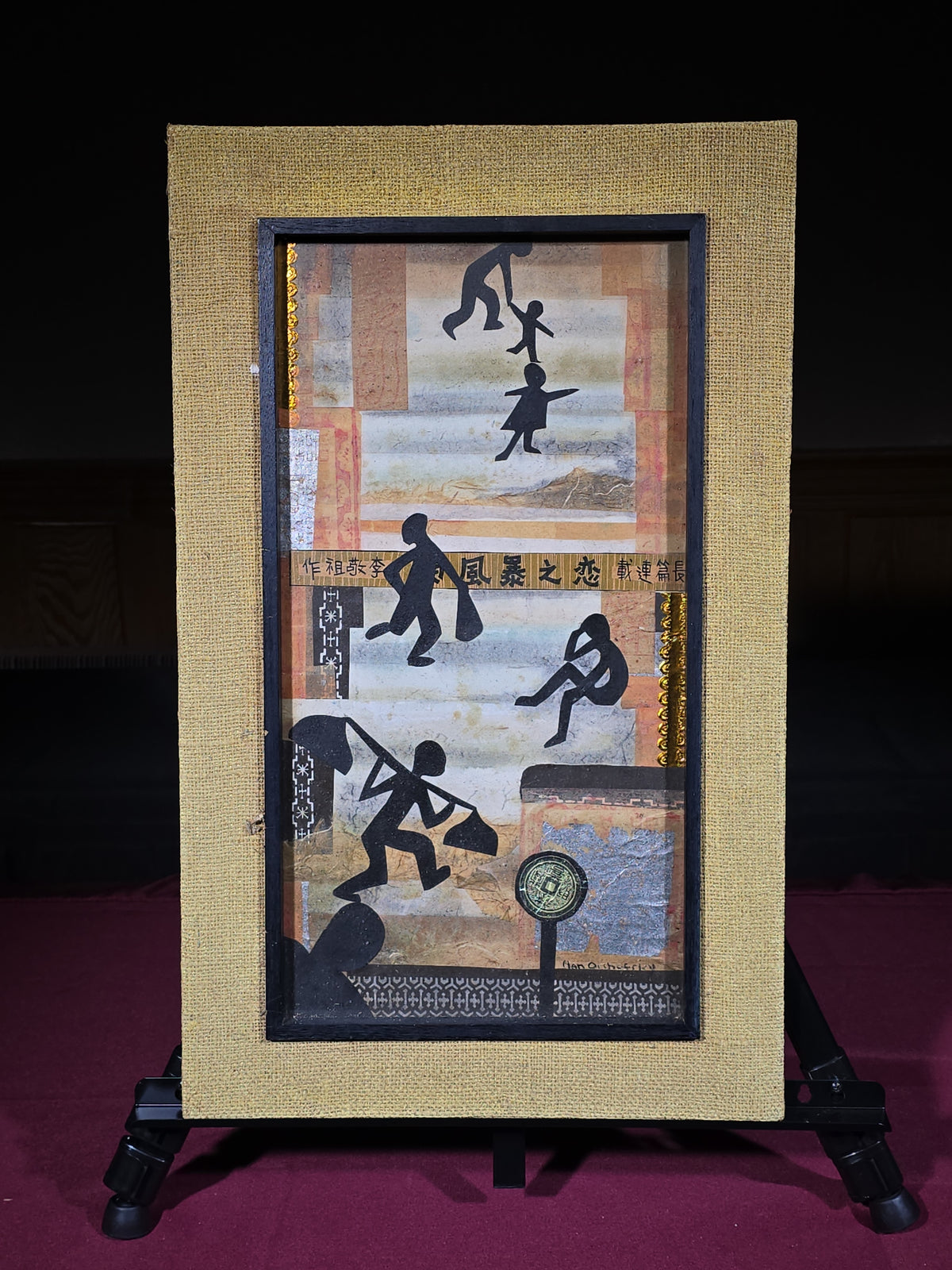 Vintage Mixed-Media Collage with Silhouette Figures, Signed Alan Orshosski, Titled "Ladder Street," Framed by Man Fong, Hong Kong