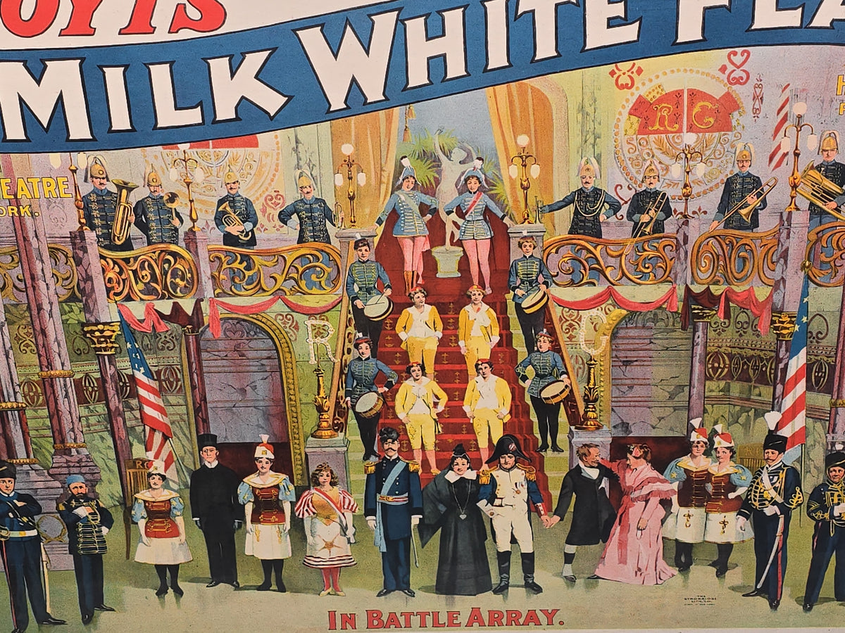 Vintage  Framed Chromolithograph Print Theater Poster, Hoyt's "A Milk White Flag" "In Battle Array" from Hoyt's Theatre, New York, Hoyt & McKee Proprietors, The Strobridge Lith. Co.