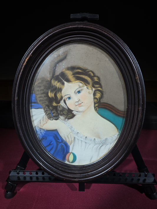Antique Pastel Painting on Paper, Portrait of a Young Girl with a Kitten, in Oval Frame