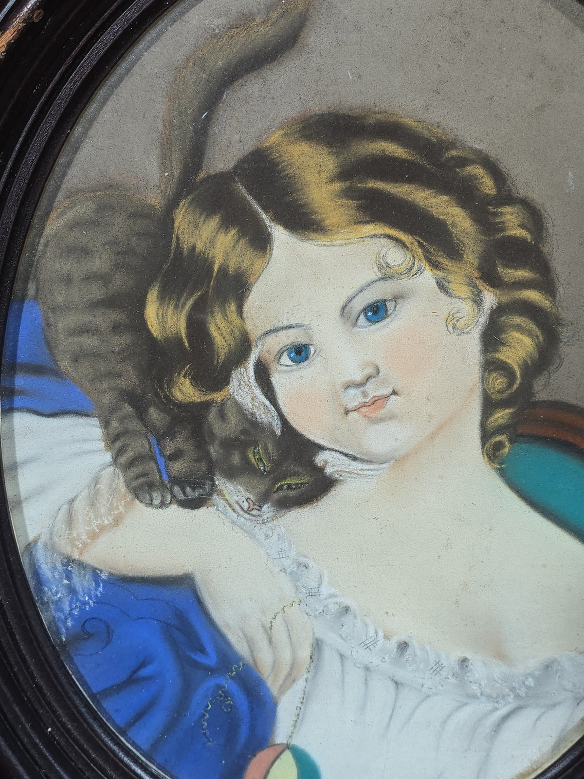Antique Pastel Painting on Paper, Portrait of a Young Girl with a Kitten, in Oval Frame