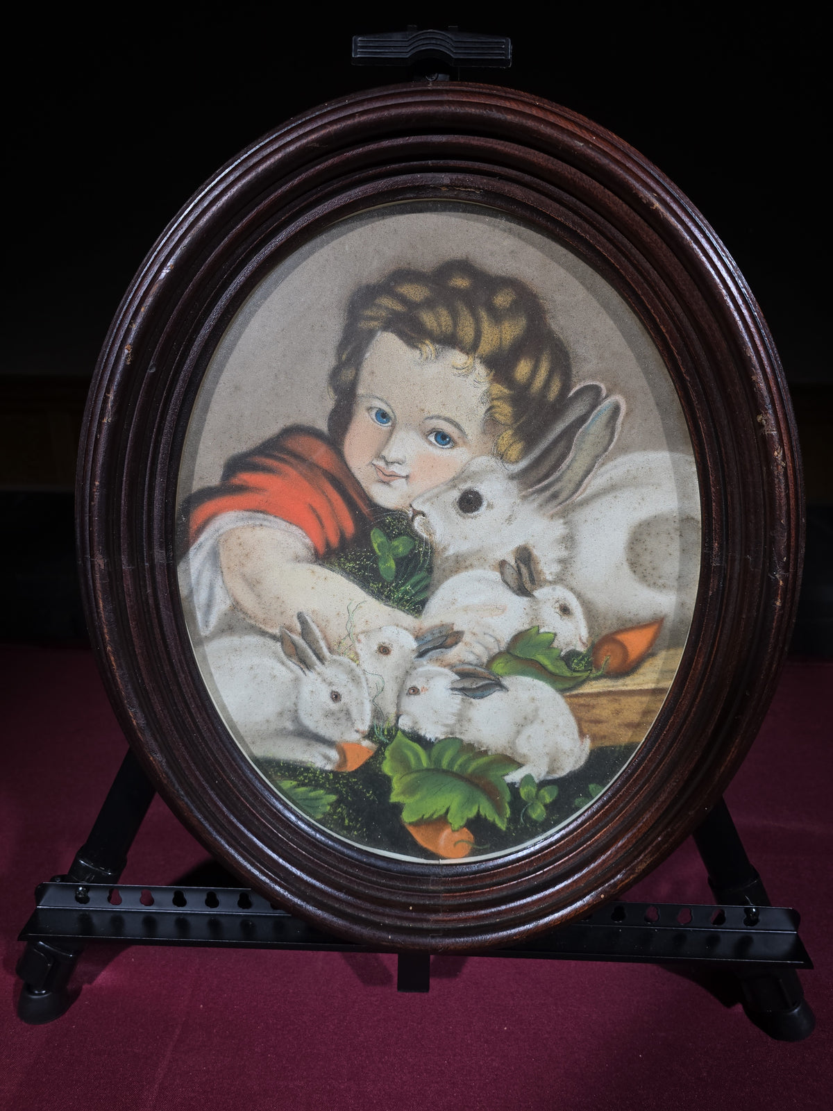 Antique Pastel Painting on Paper, Portrait of a Child with White Rabbits, in Oval Frame