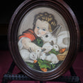 Lot 004 - Antique Pastel Painting on Paper, Portrait of a Child with White Rabbits, in Oval Frame, 15-1/2" W x 18-1/2" H