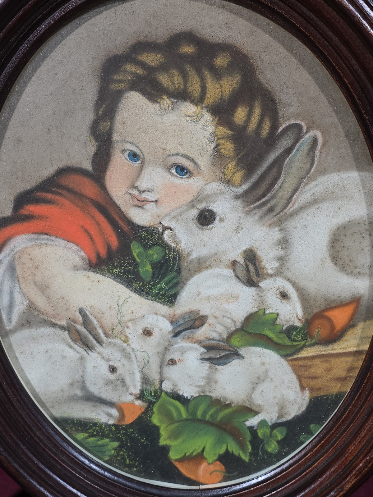 Antique Pastel Painting on Paper, Portrait of a Child with White Rabbits, in Oval Frame