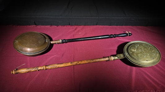 Pair of Antique Brass Bed Warmers with Engraved Lids and Turned Wooden Handles