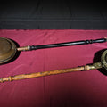 Lot 064 - Pair of Antique Brass Bed Warmers with Engraved Lids and Turned Wooden Handles