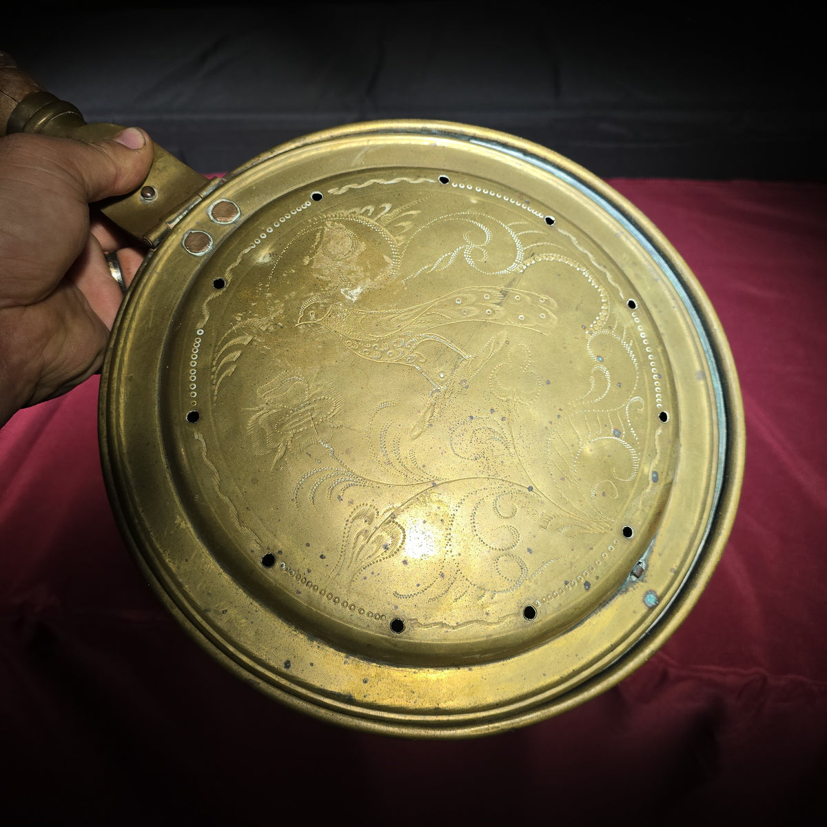 Pair of Antique Brass Bed Warmers with Engraved Lids and Turned Wooden Handles