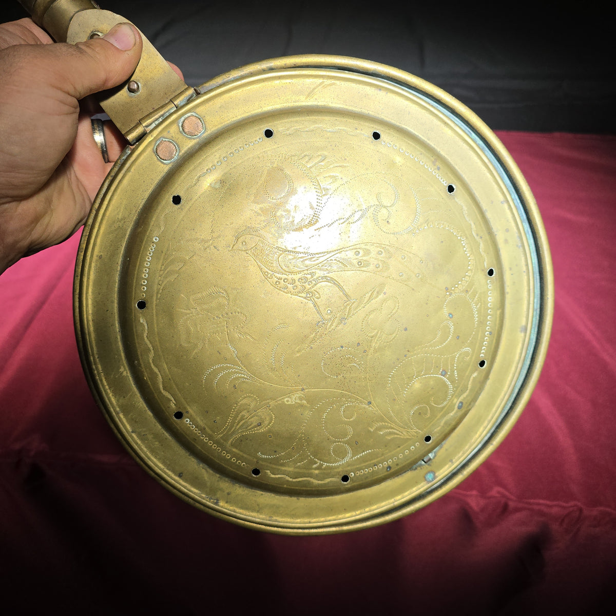 Pair of Antique Brass Bed Warmers with Engraved Lids and Turned Wooden Handles