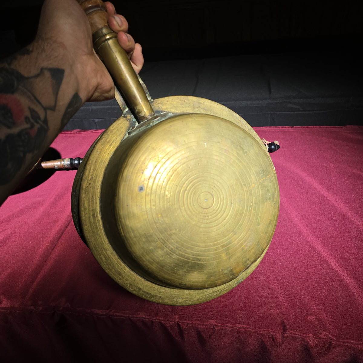Pair of Antique Brass Bed Warmers with Engraved Lids and Turned Wooden Handles