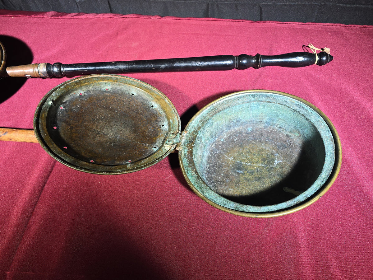 Pair of Antique Brass Bed Warmers with Engraved Lids and Turned Wooden Handles