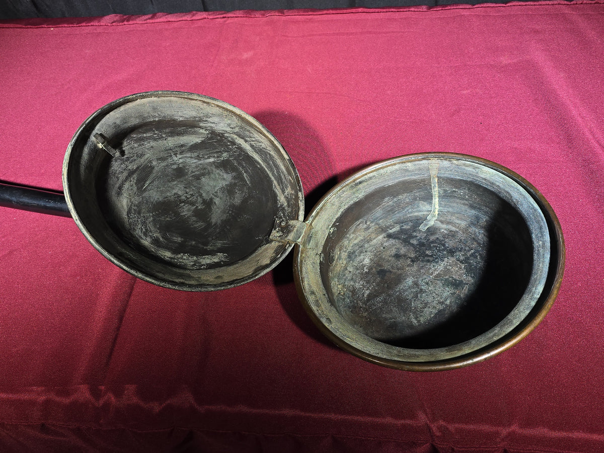 Pair of Antique Brass Bed Warmers with Engraved Lids and Turned Wooden Handles