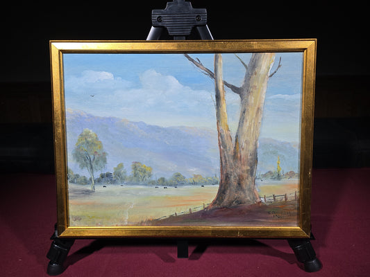 Vintage Framed Oil Painting on Board, Pastoral Landscape, Signed T. Cammans, Titled "Buchan East," 1991