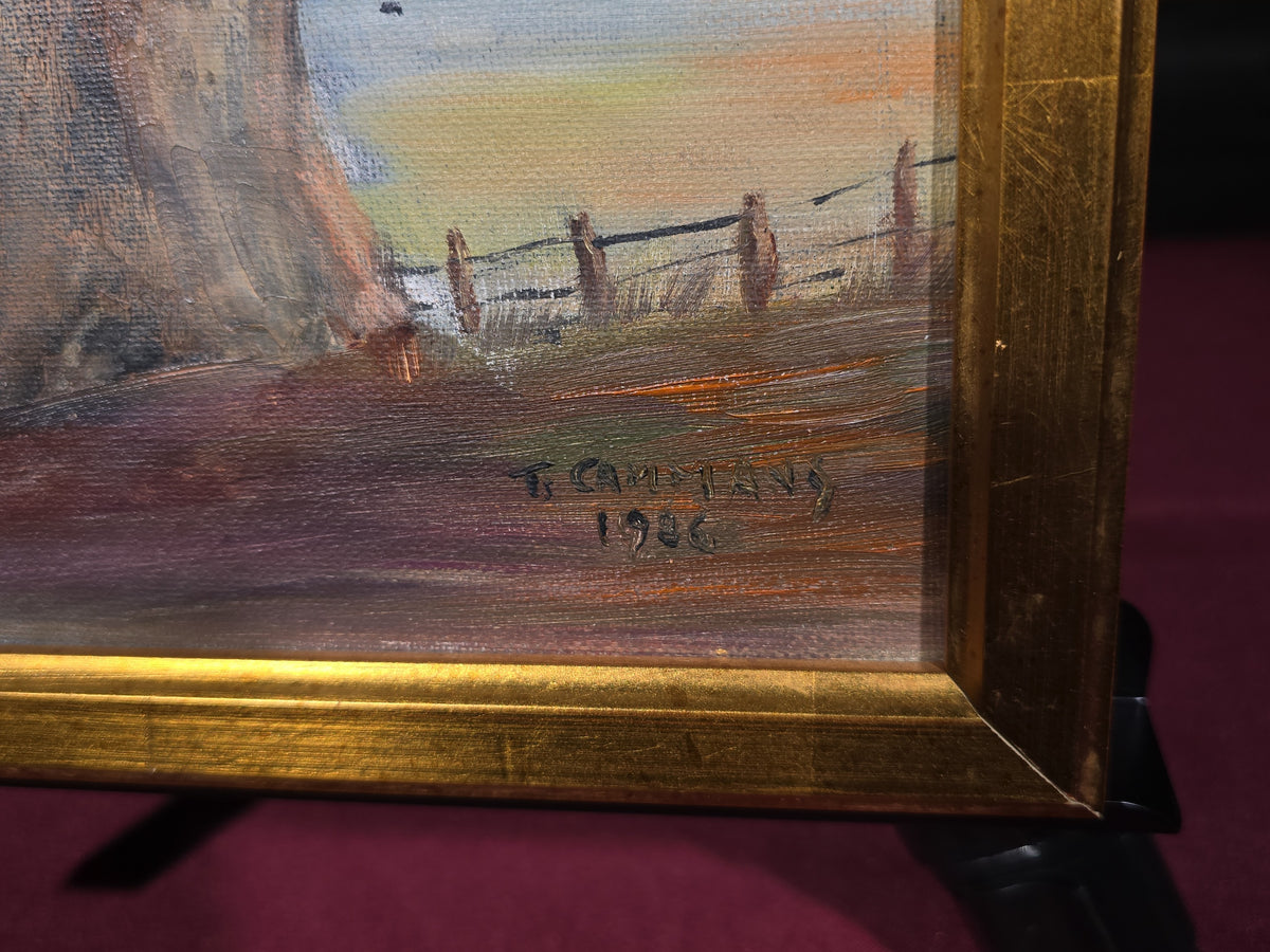 Vintage Framed Oil Painting on Board, Pastoral Landscape, Signed T. Cammans, Titled "Buchan East," 1991