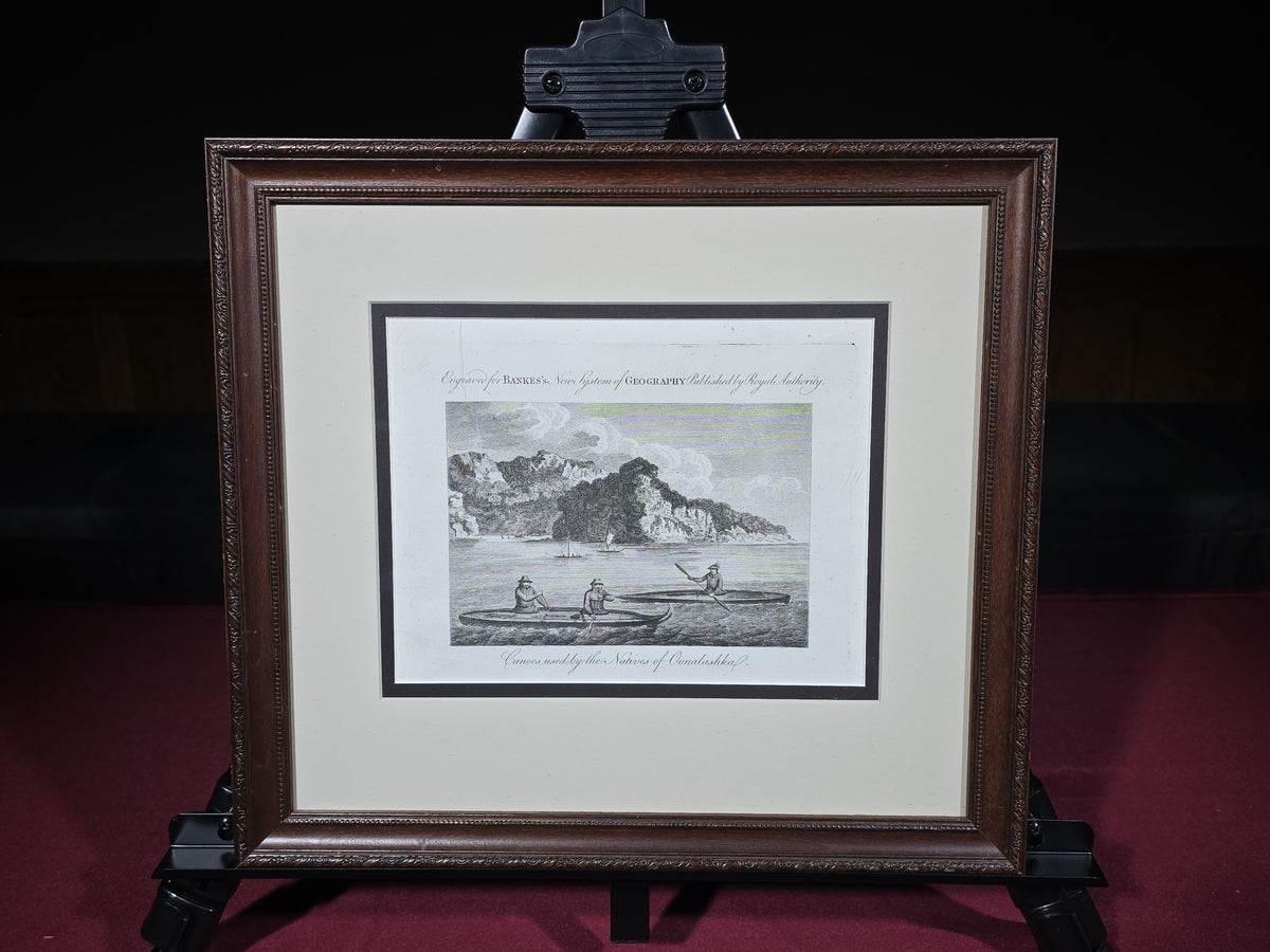 Antique Framed Engraving Print, "Canoes Used by the Natives of Oonalashka," Engraved for Bankes's New System of Geography