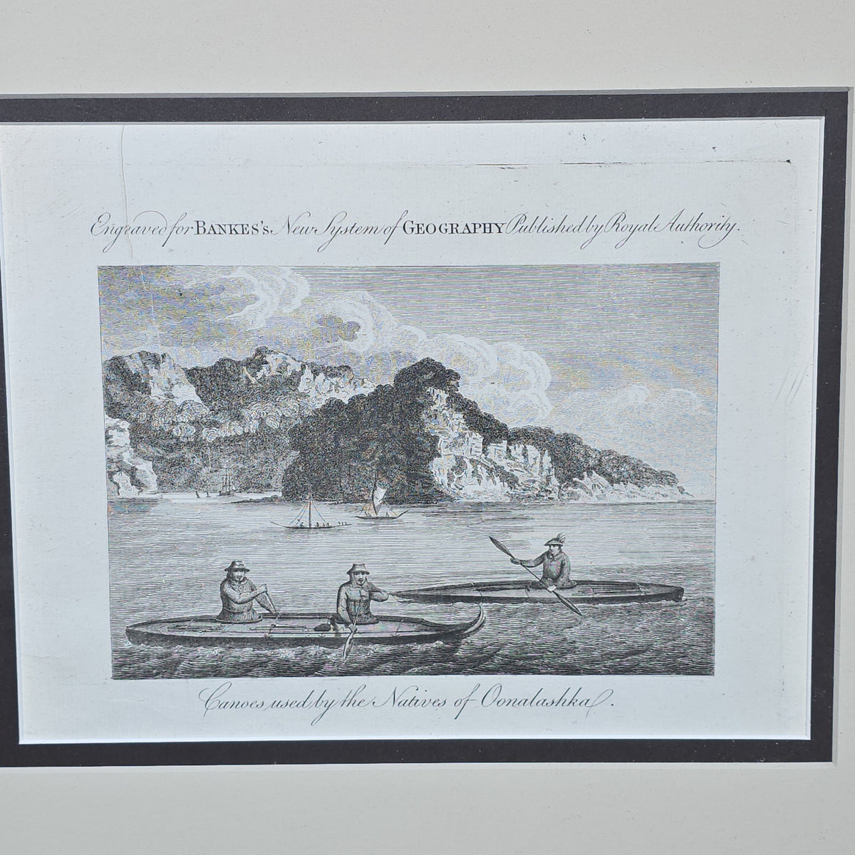 Antique Framed Engraving Print, "Canoes Used by the Natives of Oonalashka," Engraved for Bankes's New System of Geography